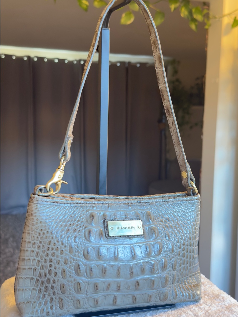 Brahmin Anytime Mini Melbourne Croc Embossed Leather Shoulder Bag Baguette Taupe